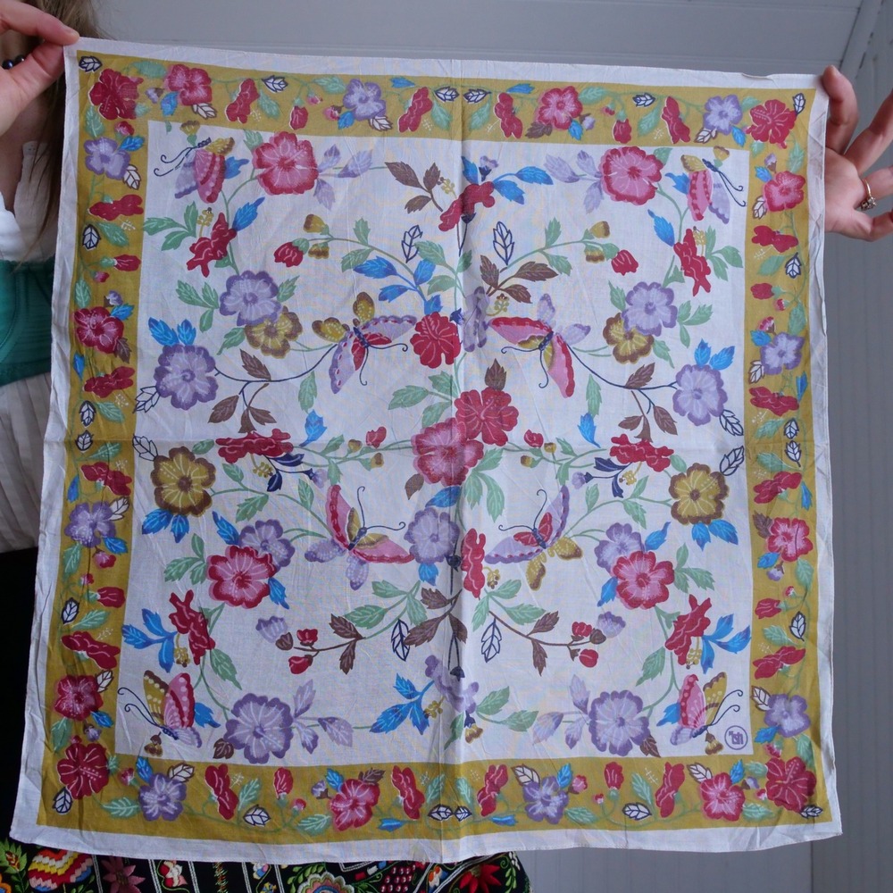 Vintage signed Japanese flower‎ and butterfly print cotton handkercheif